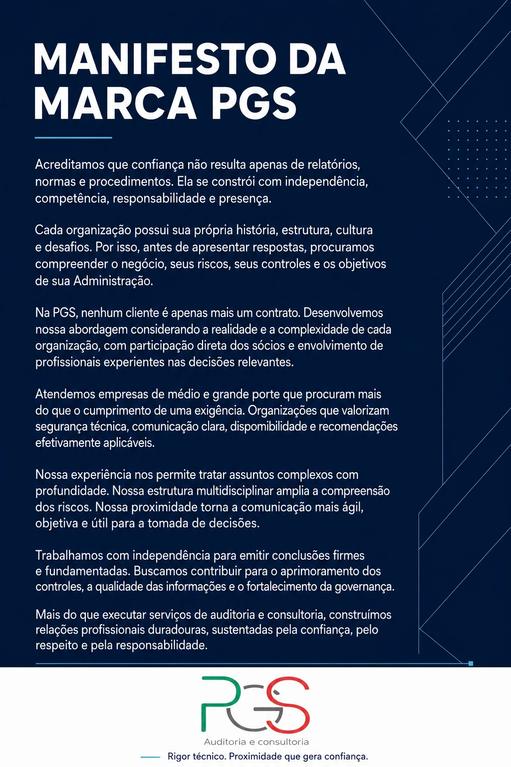 Manifesto da marca PGS com o texto institucional completo
